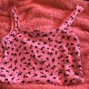 Forever 21 Crop Top, white with black flowers, ruffle like ending.